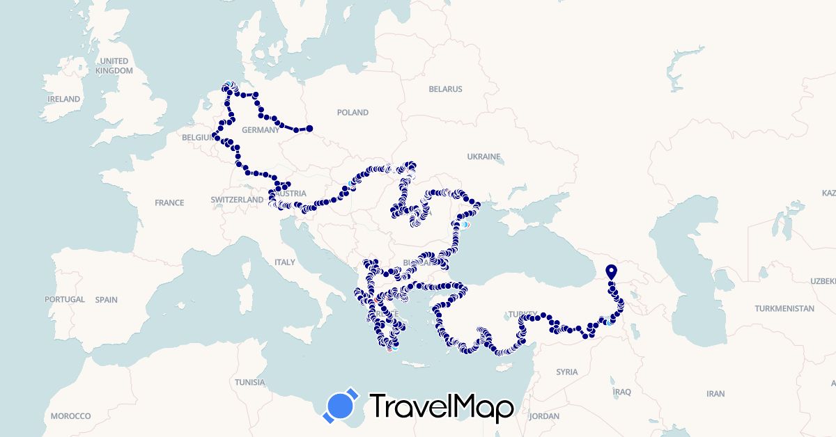 TravelMap itinerary: driving, hiking, boat in Albania, Austria, Bulgaria, Germany, Greece, Hungary, Italy, Moldova, Macedonia, Romania, Slovenia, Slovakia, Turkey, Ukraine, Kosovo (Asia, Europe)